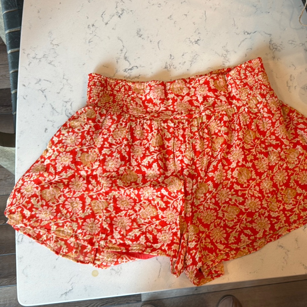 Free People Red and Gold Floral High Waist Shorts